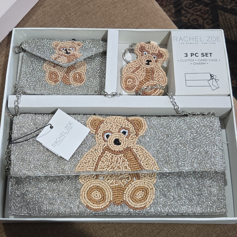 Rachel Zoe Silver Beaded  Teddy 3-Piece Bag Set